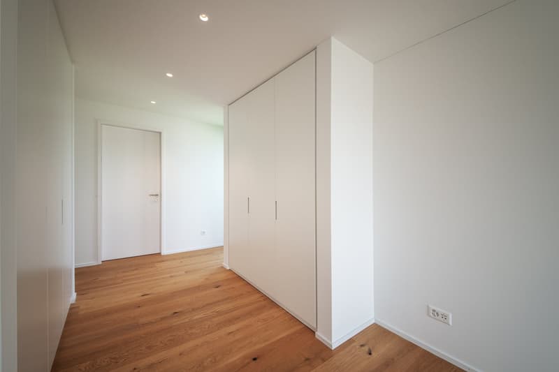Empty room with white walls, wooden floor, large white wardrobe, white door, power outlet