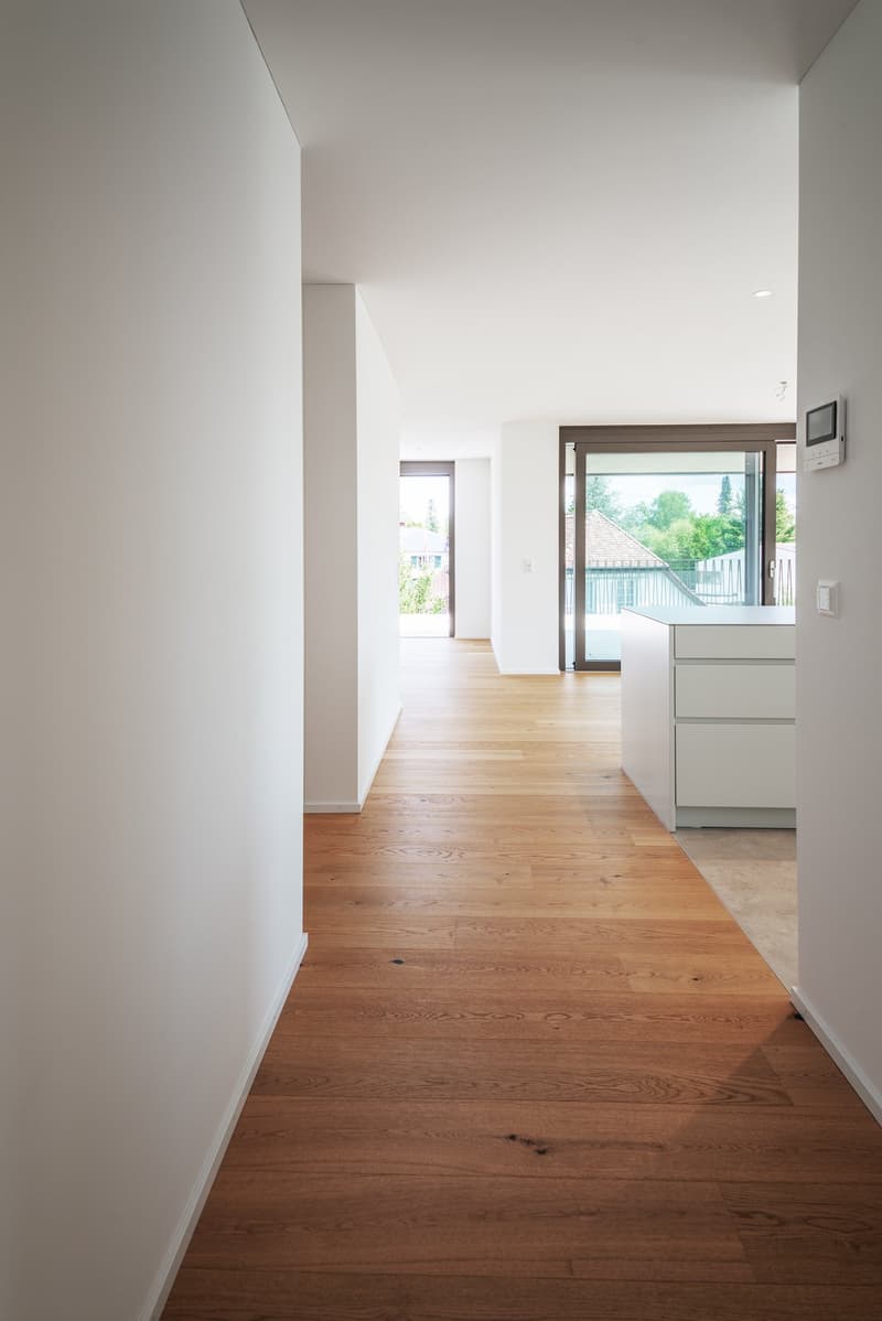 white walls, wooden floor, glass doors, balcony