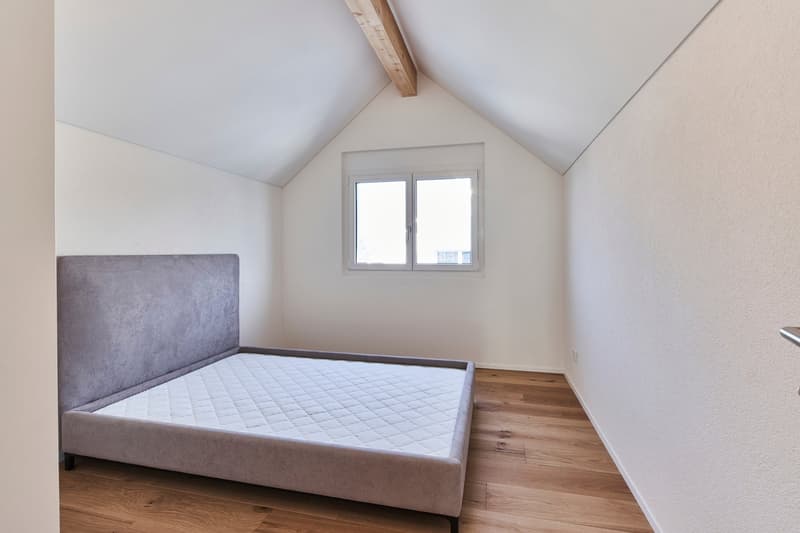 Spacious bedroom with vaulted ceiling, hardwood floors, and a large window providing natural light. The room features a grey upholstered bed frame.