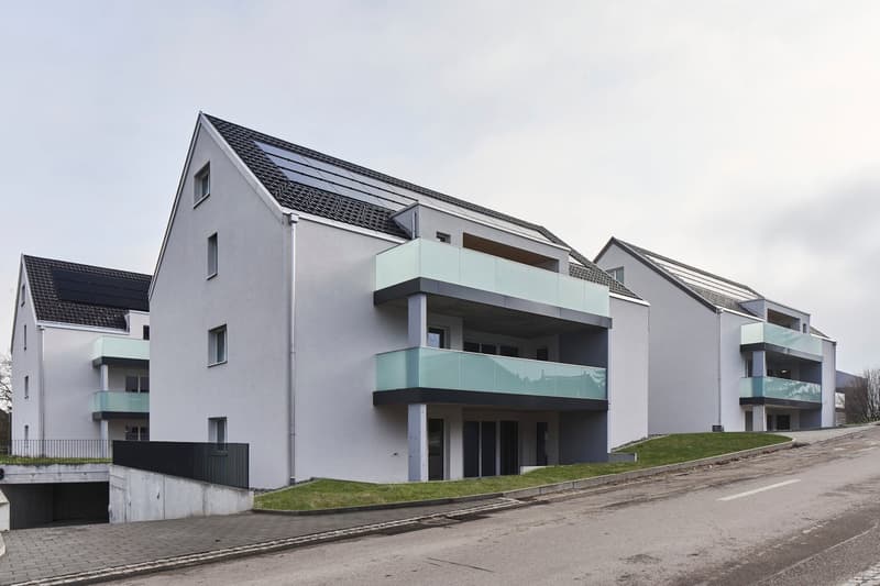 Multi-story apartment building with gray exterior, black tiled roof, and glass balconies. The building has a modern, minimalist design with clean lines and a raised ground floor.