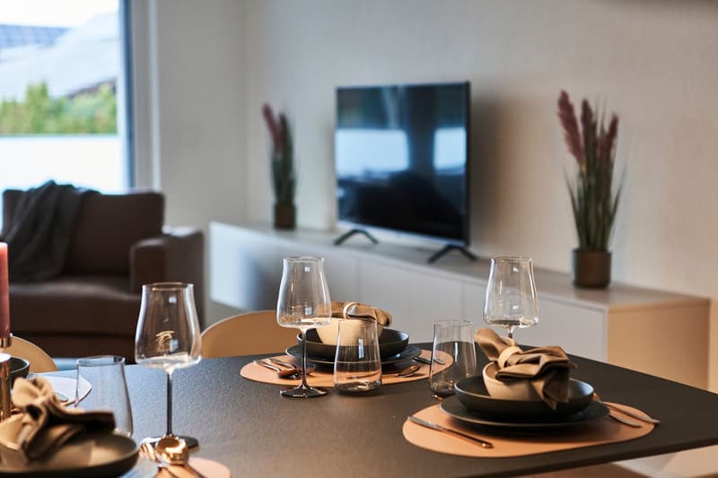 Modern dining table set with plates, glasses, and cutlery. Large TV mounted on the wall, with potted plants on the side. Couch visible in the background.