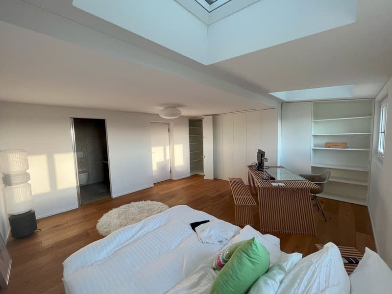 modern room with wooden floors, white walls, large windows, bed, desk with computer monitor, white rug, lamps, shelves