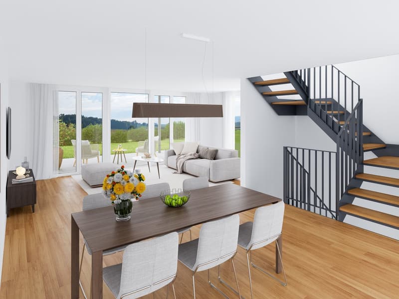 Open-concept living and dining area with large windows overlooking a scenic outdoor view, modern gray sofa, wooden dining table and chairs, wooden staircase with metal railing, pendant lighting fixture above the dining table