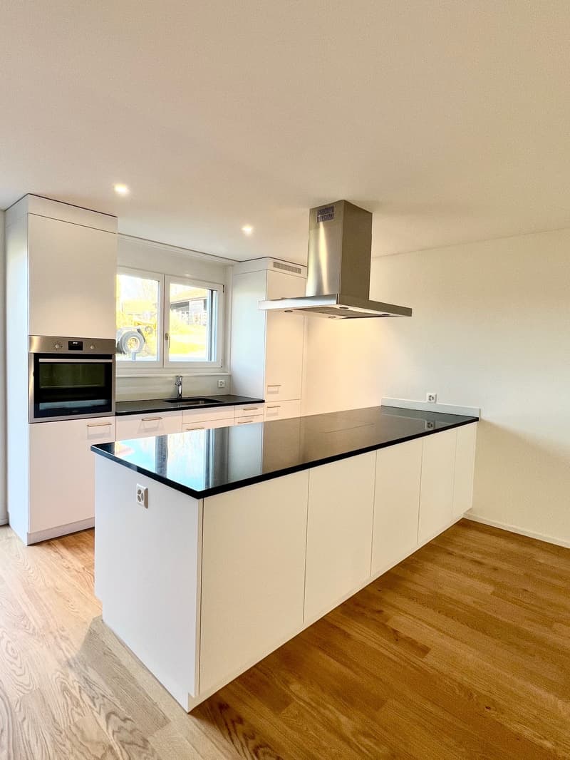 kitchen with modern white cabinets, black granite countertop, modern appliances including a stainless steel oven, induction stove, a window with an outdoor view, and wooden flooring