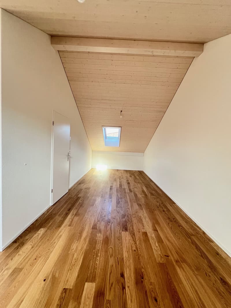 Empty room with hardwood floors, sloped ceiling, skylight