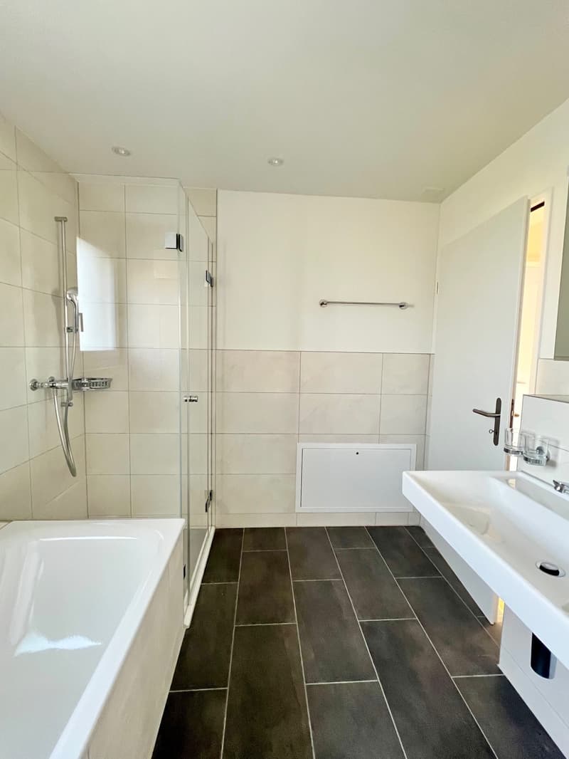 modern bathroom, with shower enclosure, bathtub, sink, tiled floors, white walls