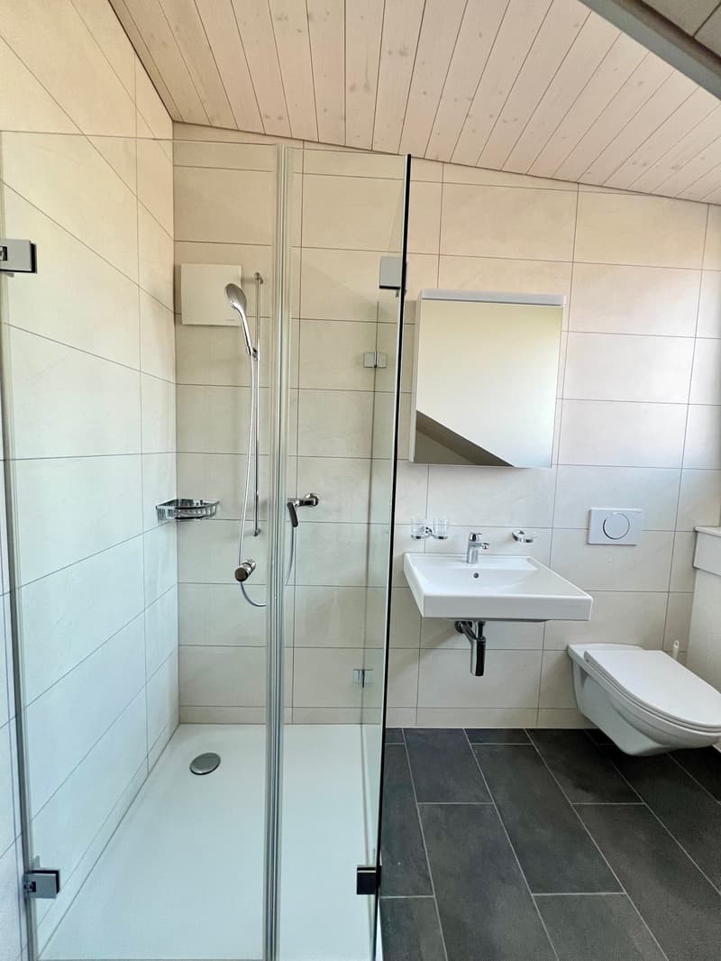 White tiled walls, modern shower enclosure, white sink with faucet, recessed toilet, mirror mounted on wall, floor drain, toilet seat cover, white toilet paper holder