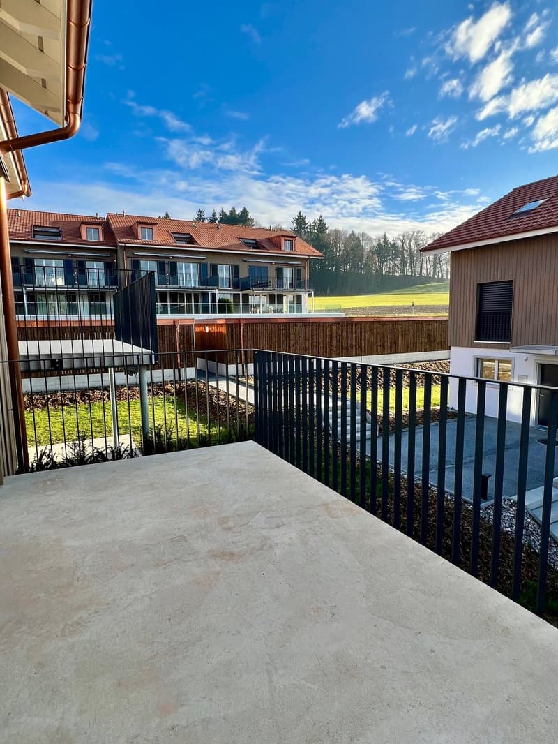 large terrace, concrete floor, black railings, empty terrace, fenced