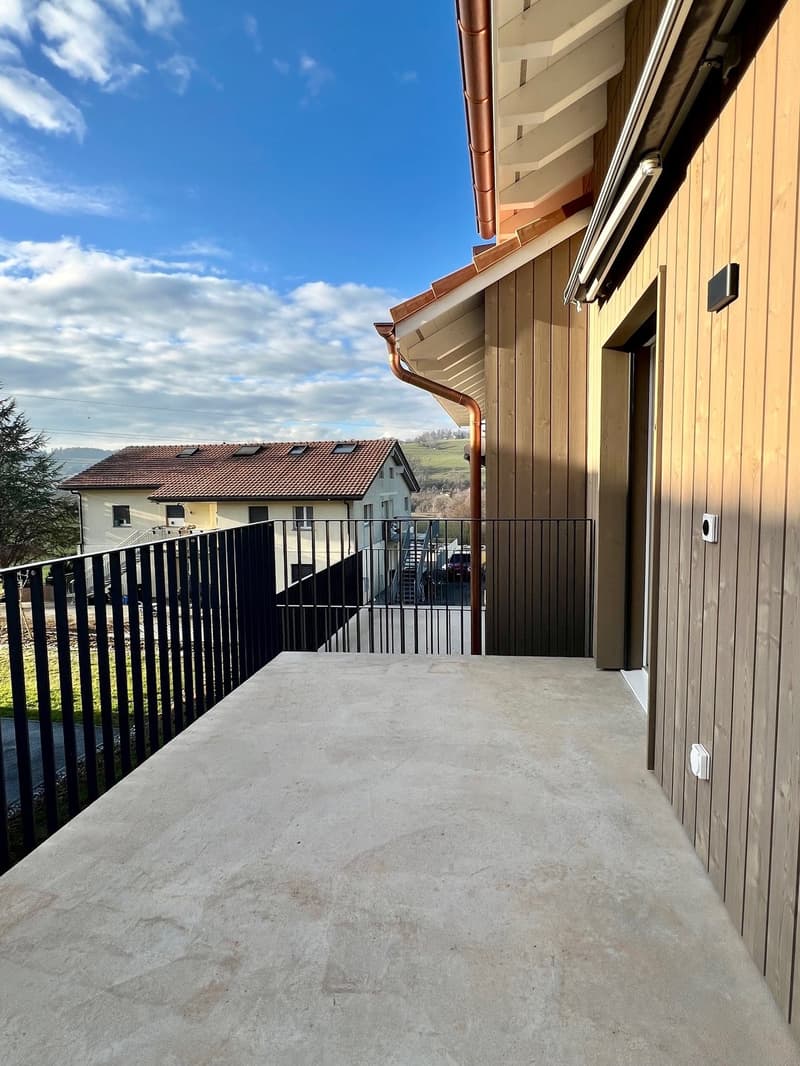 Wide balcony with black railings and concrete floor