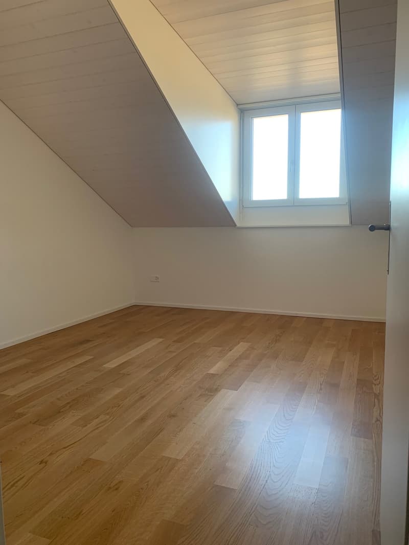 Spacious bedroom with slanted ceiling, hardwood flooring, and large windows providing natural light.