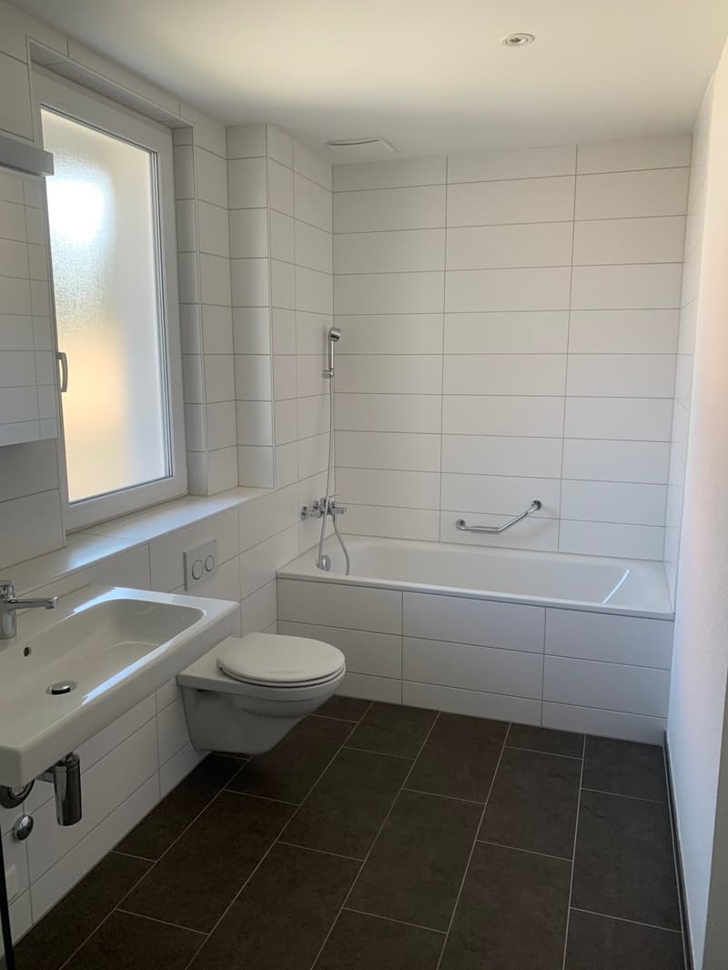 Spacious bathroom with white tiled walls, a bathtub, a toilet, and a sink with vanity. The floor is covered with dark tiles.