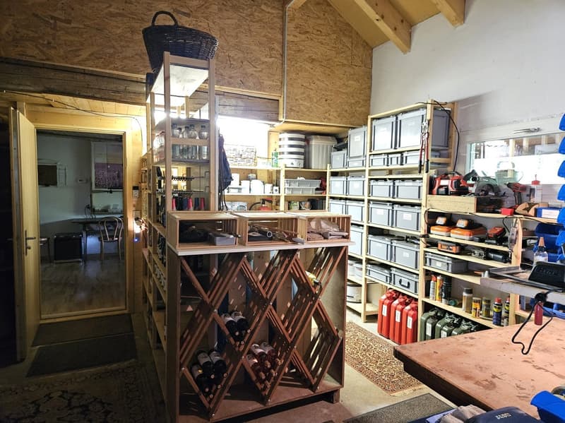 Storage room with wooden shelves, wine rack, tools, and storage boxes