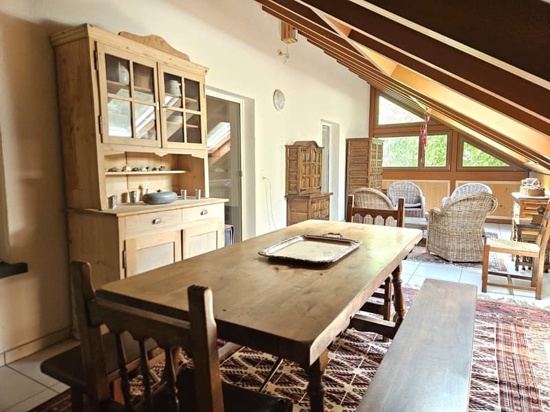 wooden dining table, wooden chairs, wooden bench, wooden cabinet, carpet, windows, wicker chairs