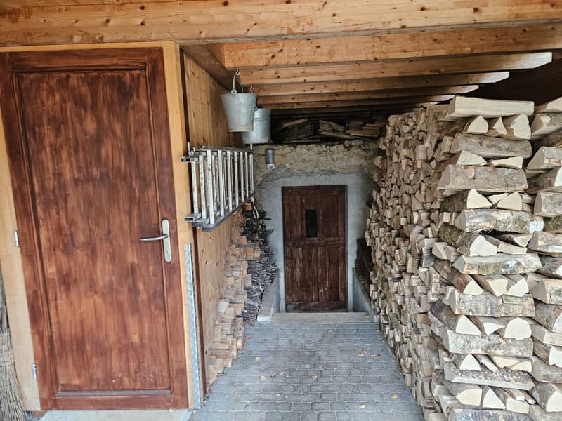 wooden door, wooden walls, wooden ceiling, buckets, ladder, pile of firewood