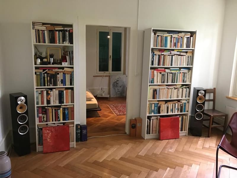 The image shows a cozy living room with built-in bookshelves on both sides, filled with books. There is a window in the middle, and a pair of speakers on the floor. The room has a warm, inviting atmosphere with the wooden herringbone floor and the artwork