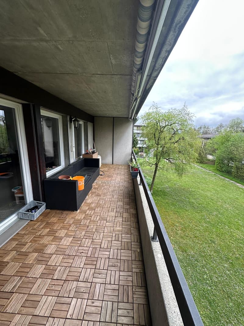 wooden floor, black couch, orange buckets, potted plant, railing, glass door, lamp