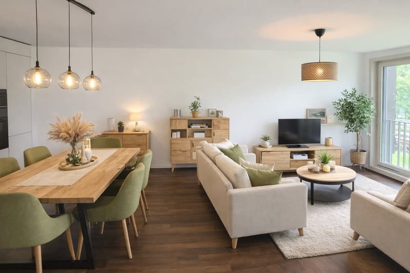 modern living room with a white couch, wooden table, dining chairs, shelves, lamps, TV, plants