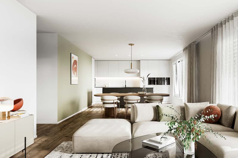 contemporary living room with open dining area, large L-shaped sofa, wooden dining table and chairs, wooden flooring, white walls, white cabinetry in the kitchen, kitchen island, modern pendant lighting, framed artwork, and coffee table with decorative pl