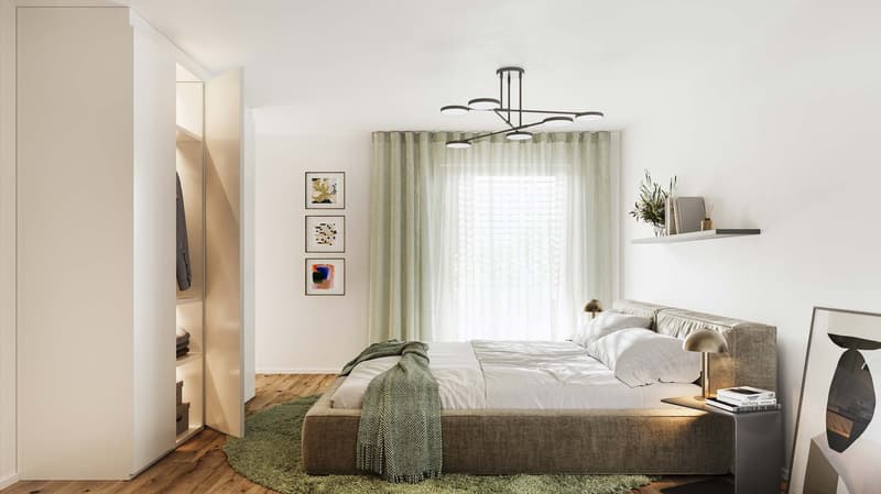 Bedroom with bed, white walls, wooden floor, wardrobe, large rug, bed side lamps, window with curtains, and paintings on the wall.