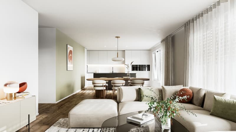 L-shaped sofa, coffee table, dining table, 6 chairs, floor lamp, wall art, kitchen, windows