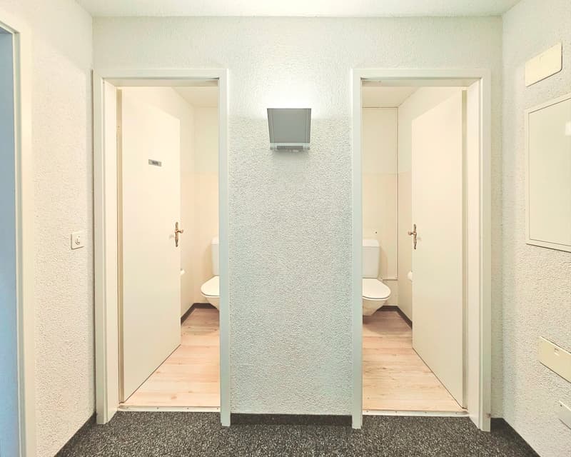 Spacious bathroom with two toilets and a shared wall
