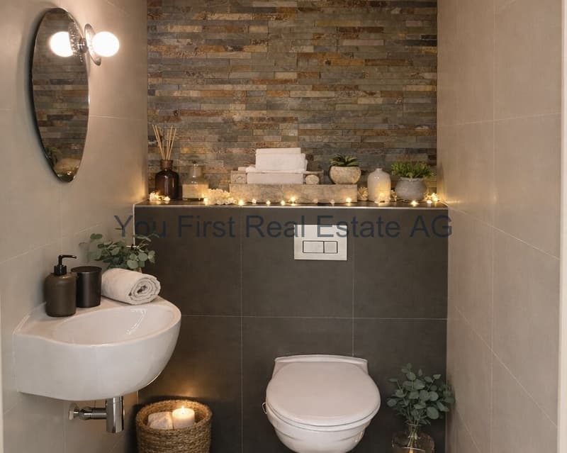Exklusives Gäste-WC mit Naturstein-Akzent und stimmungsvoller Beleuchtung