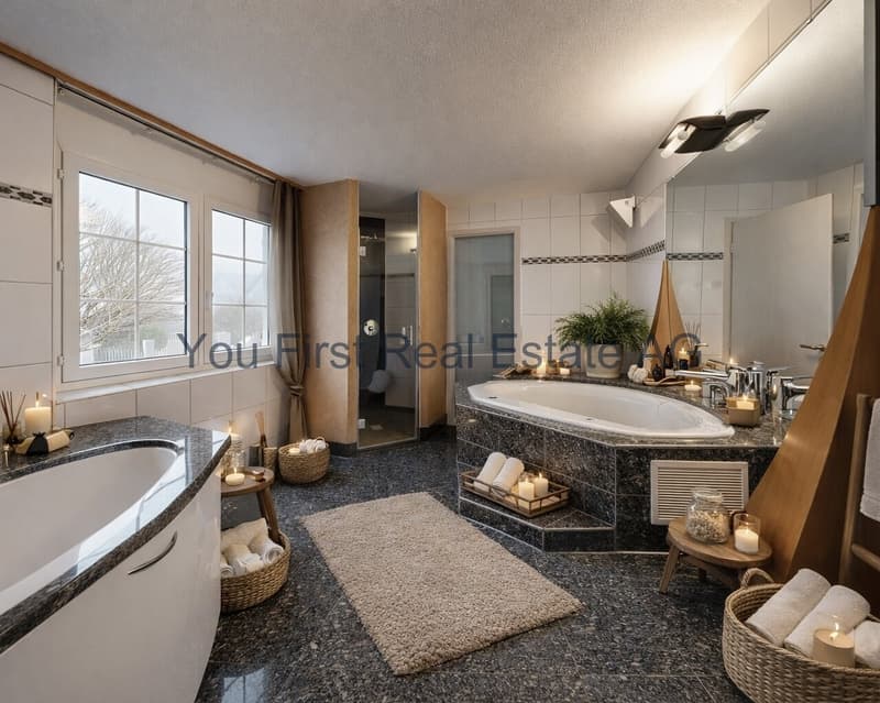 Wellness-Oase mit Panoramafenstern: Luxuriöses Badezimmer mit Naturstein und Wannen-Highlight