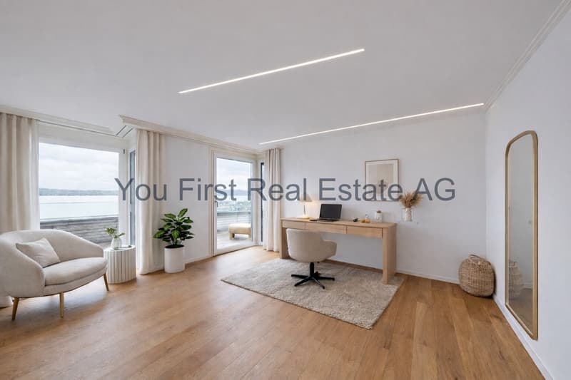 Lichtdurchflutetes Homeoffice mit atemberaubendem Seeblick und moderner Lichtarchitektur