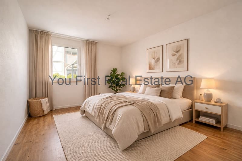 Helles Schlafzimmer mit Parkettboden und großflächigen Fenstern