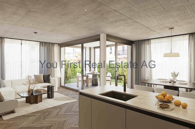 Offene Wohnküche mit direktem Terrassenzugang und Betondecke