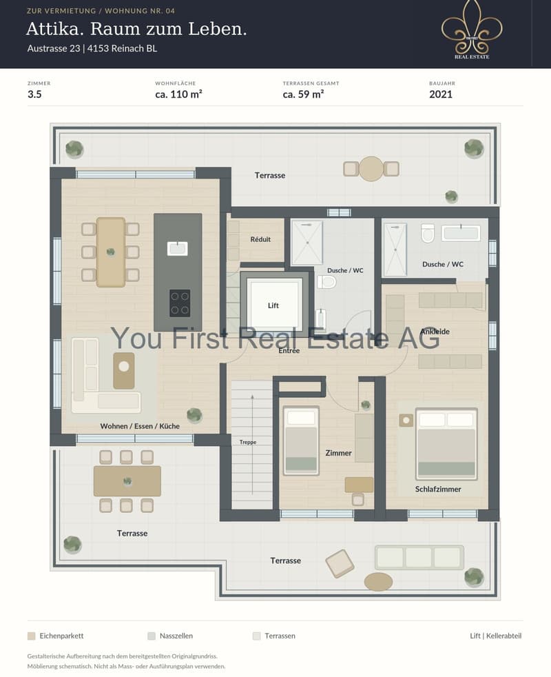 Atrium-Grundriss mit flexiblen Wohnbereichen und vier Terrassen