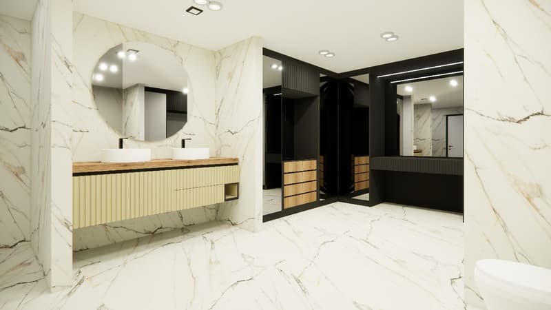 Marble tile flooring, white walls, modern vanity with double sinks, circular mirror, wooden drawers, wall-mounted fixtures, recessed lighting