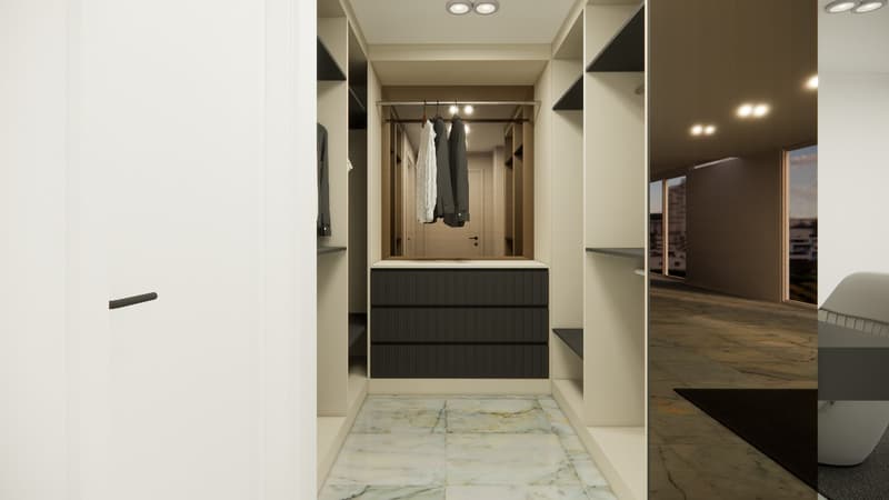 Large walk-in closet with ample storage and a central hanging rail for clothes.