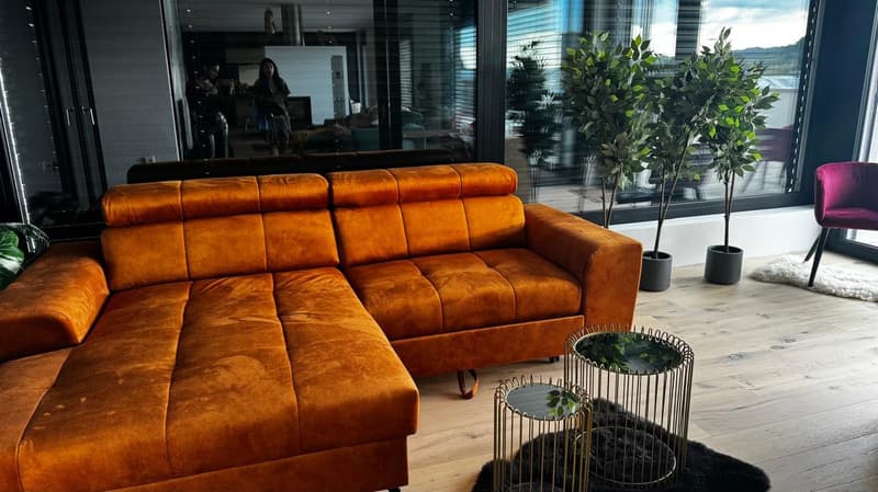 large sectional couch, glass tables, plants, windows