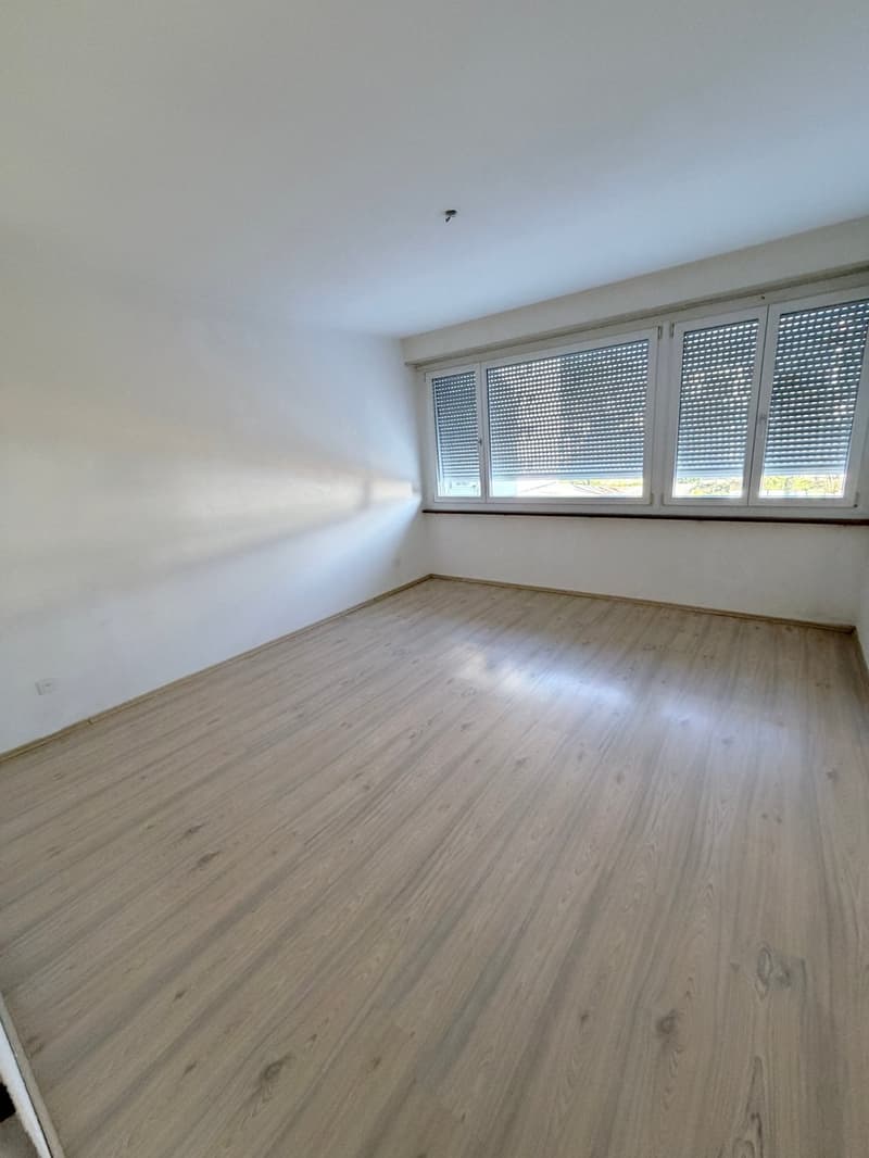 empty room, wooden floor, white walls, large windows, view of outside