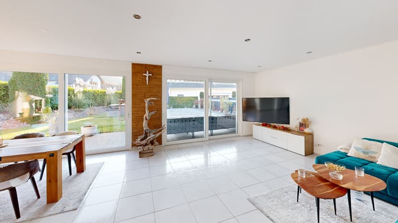 large living room, sliding doors, tiles, table, blue couch, TV, tree trunk, carpet, fireplace