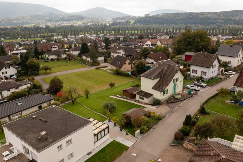 Houses in neighborhood, green lawns, trees, mountains in the distance