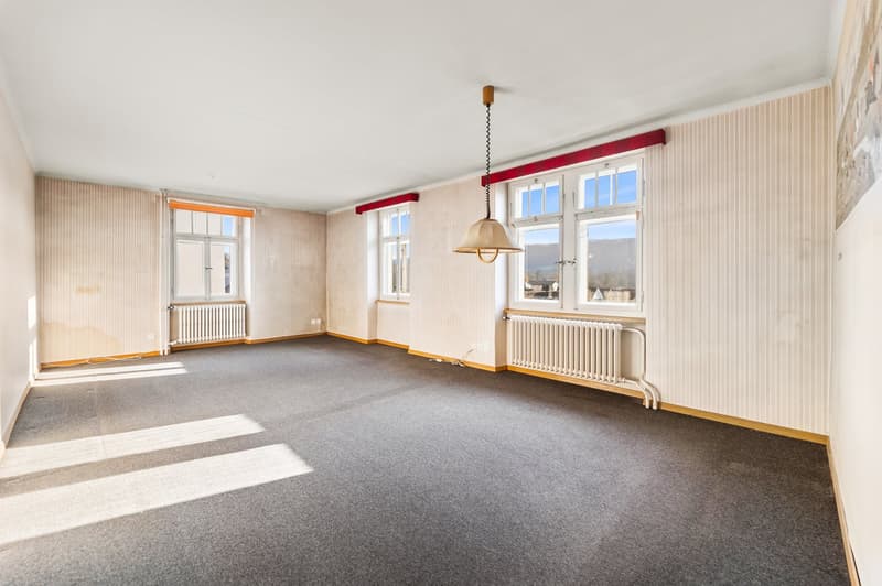 empty room, carpeted floor, ceiling lamp, radiators, windows with bright sunlight