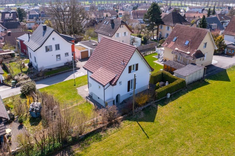 Aerial view of a neighborhood with several houses, each with different roof colors and styles, surrounded by green lawns and trees.