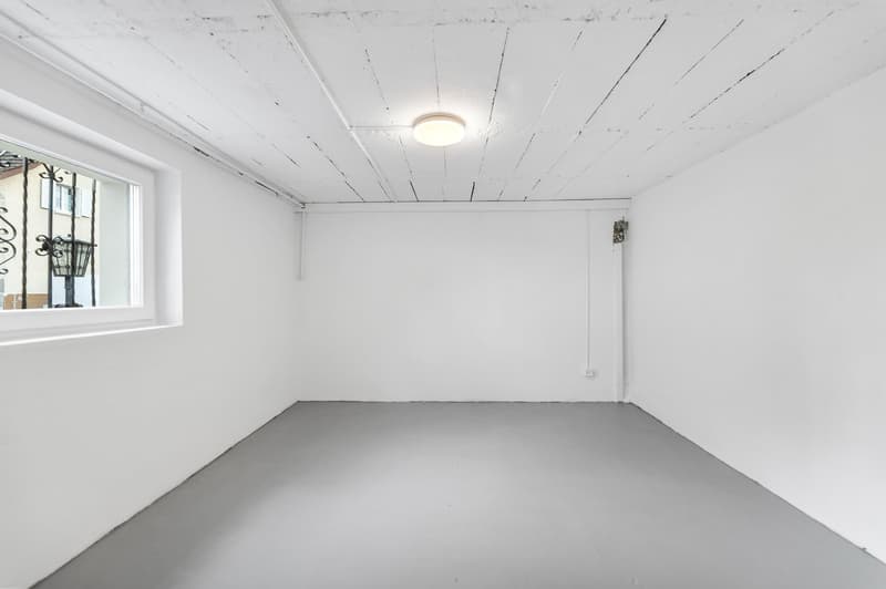 Empty room with white walls, gray floor, a window, and a ceiling light