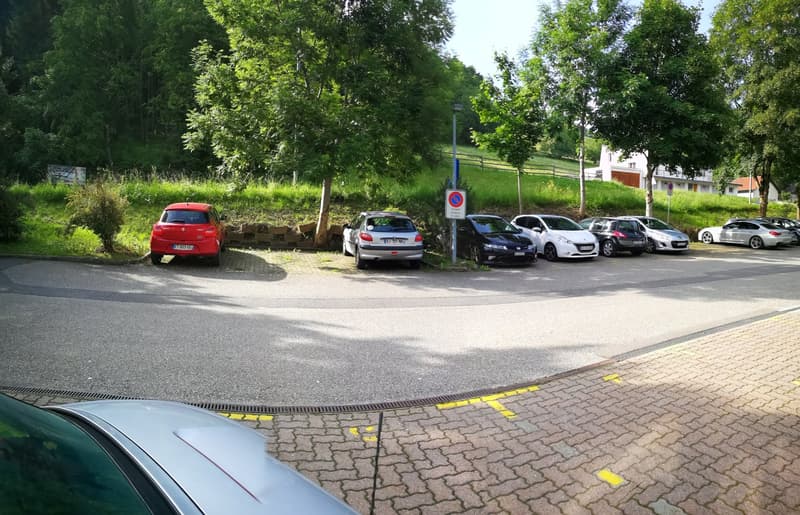 Paved parking lot with several cars parked, surrounded by trees and greenery