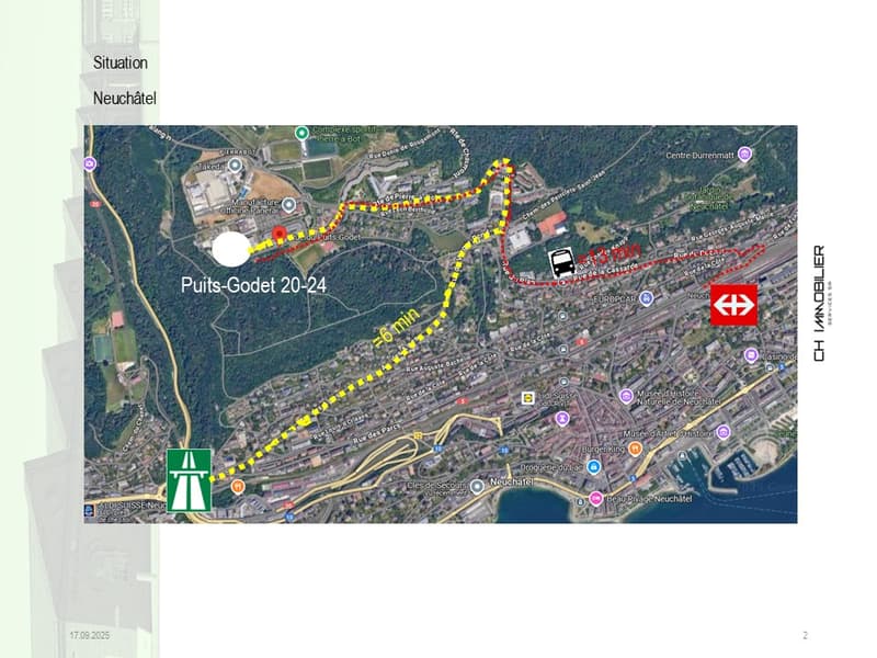 Route map highlighting a location in Neuchatel, Switzerland with different paths indicated.
