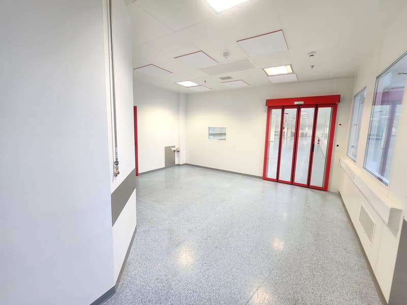 Empty room with gray floor and white walls, gray and red stripes on the walls, red double door, two small windows, power outlet on the wall.