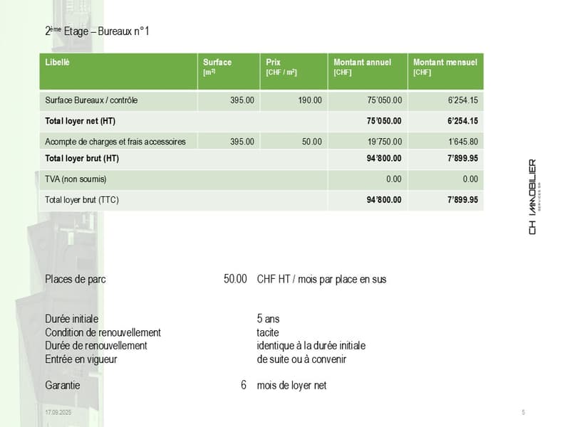 office space for rent, with details about rent, costs, and conditions