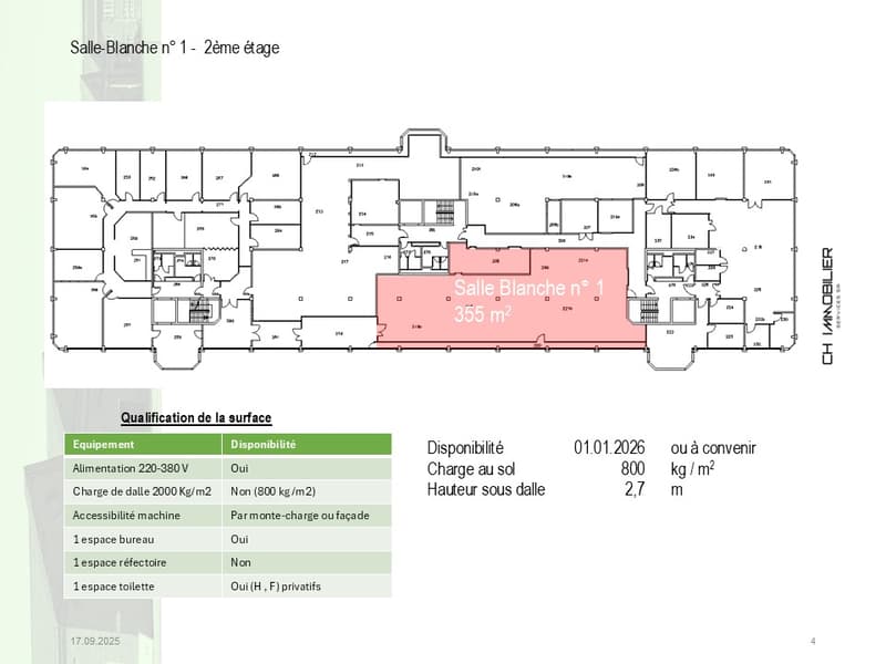 Floor plan of Salle Blanche n°1, 2nd floor. It includes living area, bedrooms, bathrooms, office, storage room, and toilets.