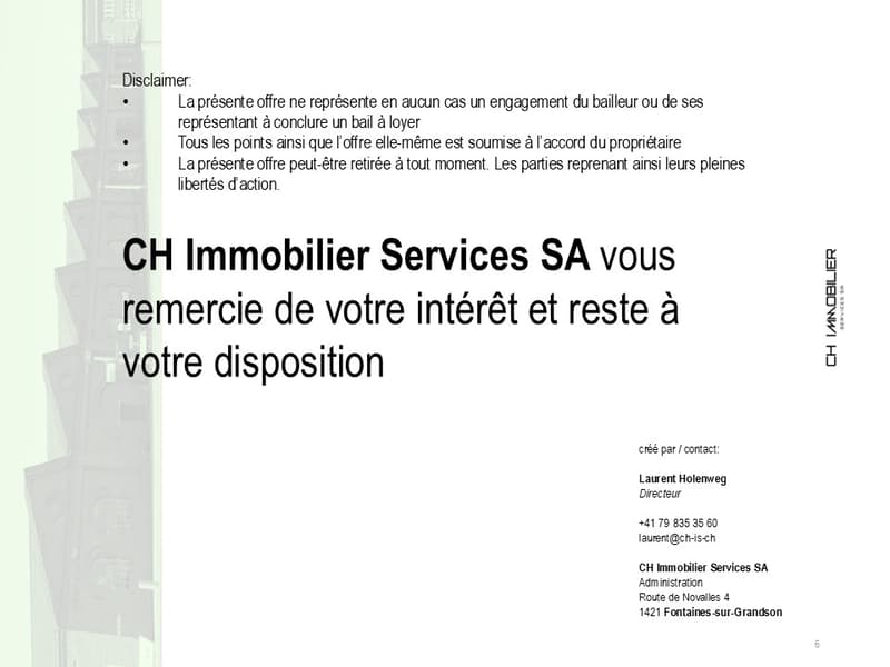 The document appears to be a disclaimer page related to real estate services, providing contact information for Laurent Holenweg, Director of CH Immobilier Services SA.