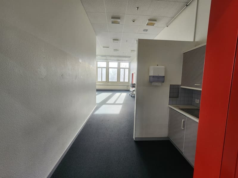 Empty room, carpeted floor, white walls, windows, kitchen area with cabinets and countertop