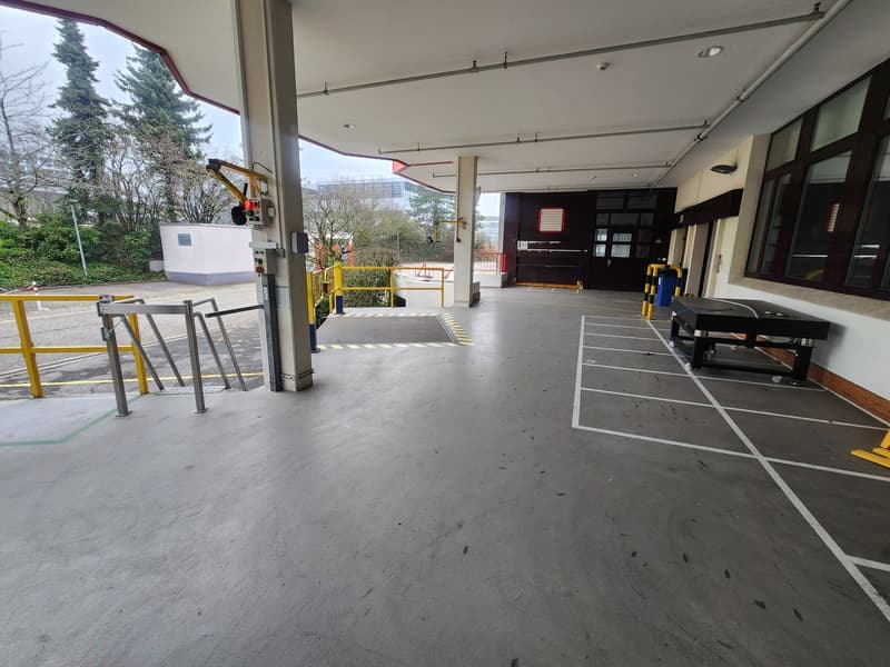 An indoor parking area with grey floors, yellow railings, and white markings for parking spots.