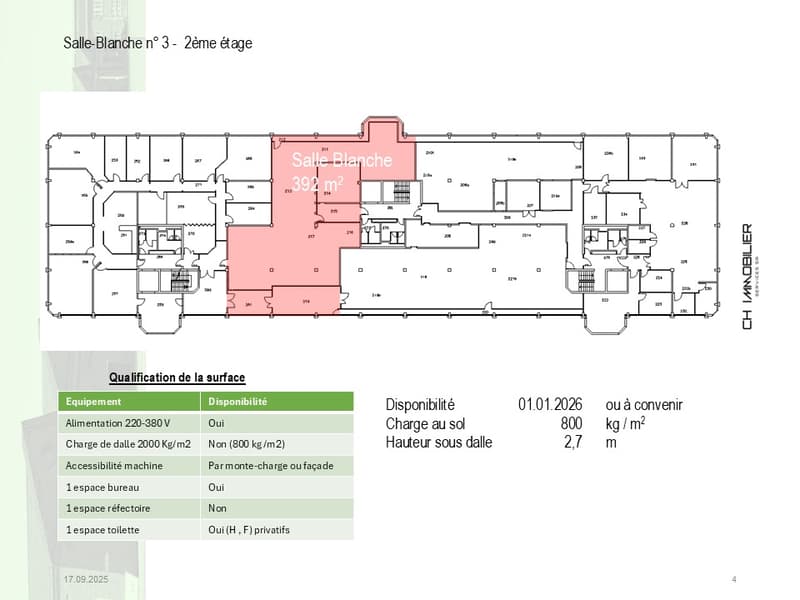 Main room with storage area, a space for equipment, a space for the receptionist, a toilet, private bathroom (H, F) and storage