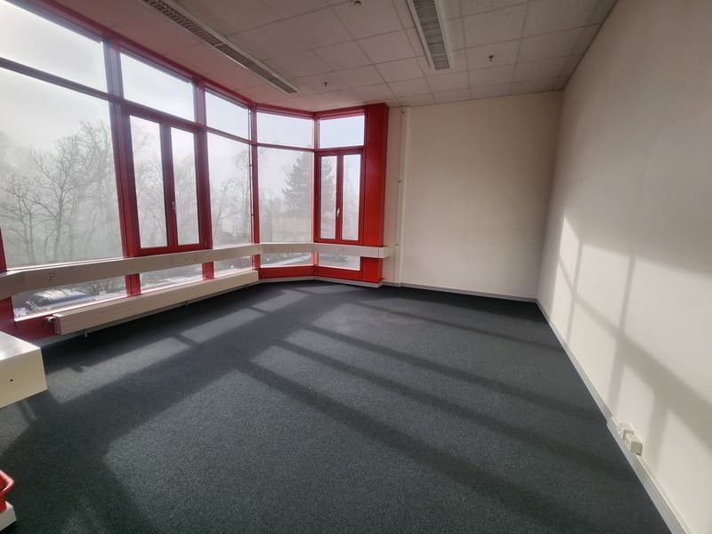 large windows, white walls, gray carpet, red wall accents